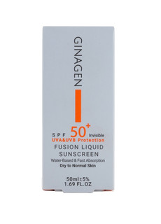 کرم ضدافتاب بی رنگ SPF50مناسب پوست خشک ونرمال برپایه اب جدب سریع ژیناژن